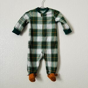 Carter’s reindeer fleece zip footie onesie green tan brown plaid
